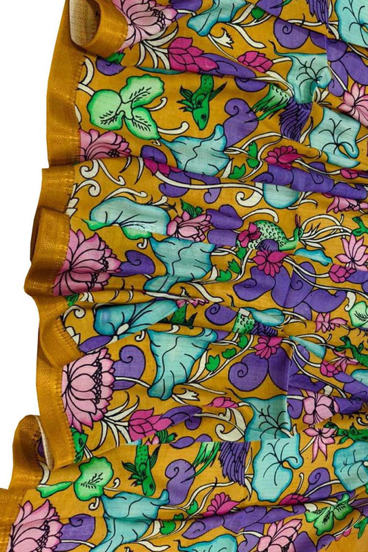 Yellow Hand Painted Kalamkari Pure Bangalore Silk Flower Design Dupatta - Luxurion World