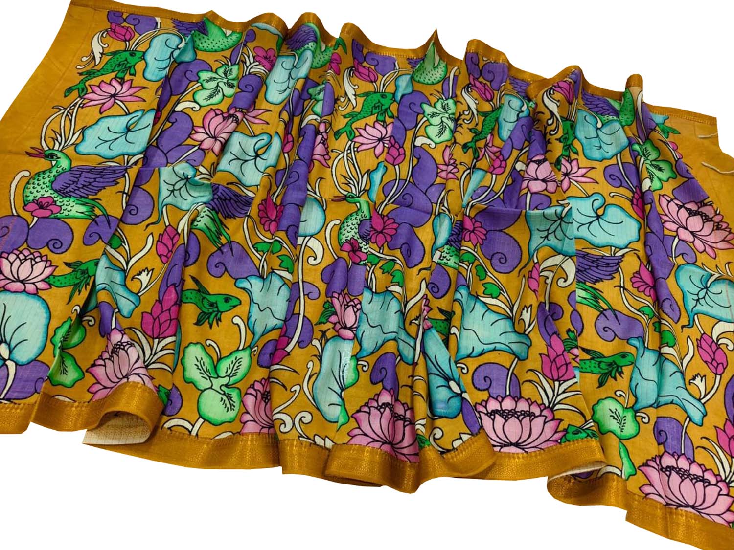 Yellow Hand Painted Kalamkari Pure Bangalore Silk Flower Design Dupatta - Luxurion World