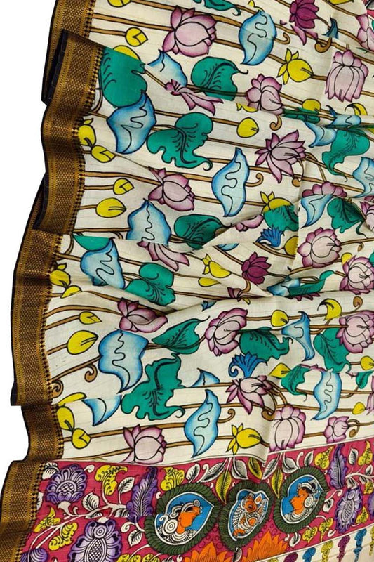 Pastel Hand Painted Kalamkari Pure Bangalore Silk Dupatta - Luxurion World