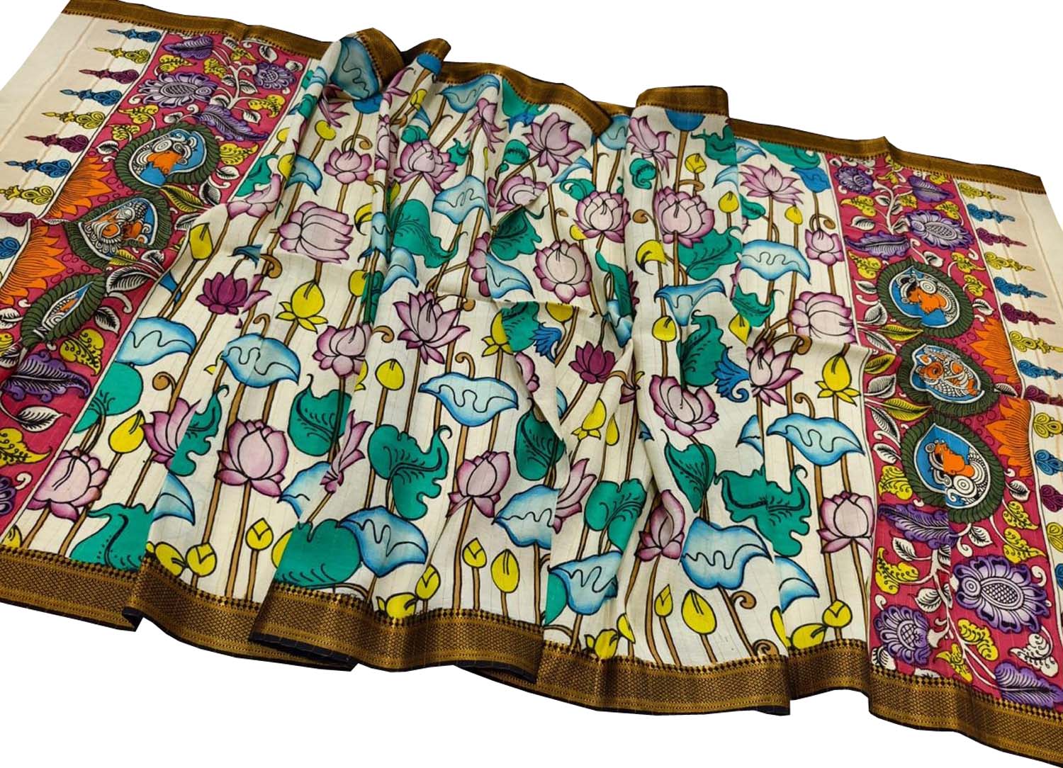 Pastel Hand Painted Kalamkari Pure Bangalore Silk Dupatta - Luxurion World