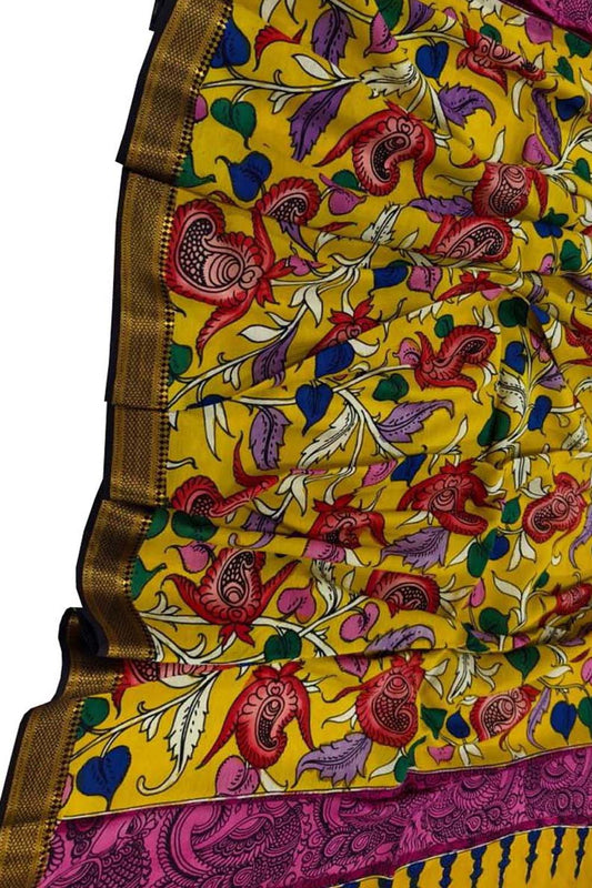 Yellow Hand Painted Kalamkari Pure Bangalore Silk Dupatta - Luxurion World