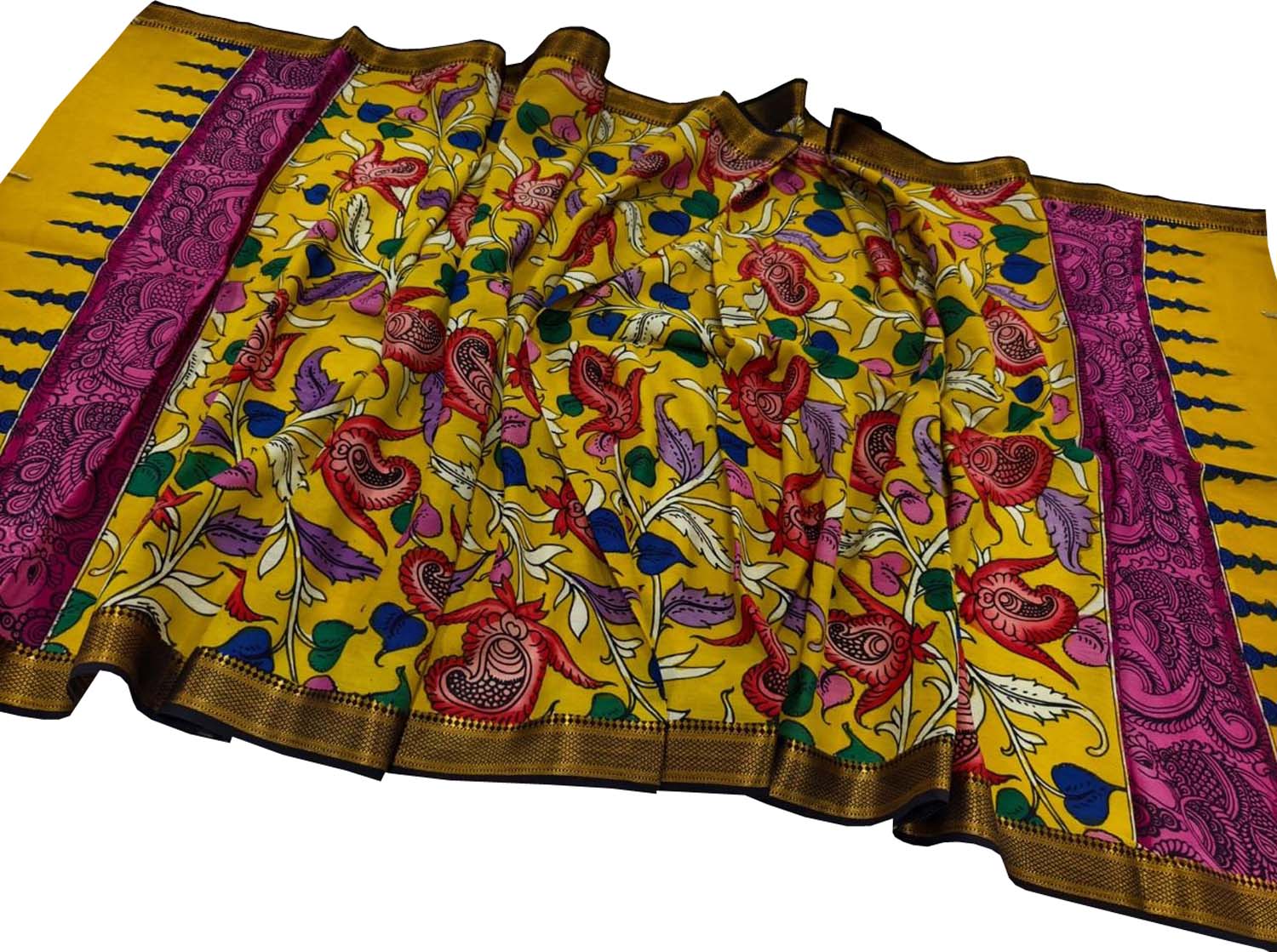 Yellow Hand Painted Kalamkari Pure Bangalore Silk Dupatta - Luxurion World