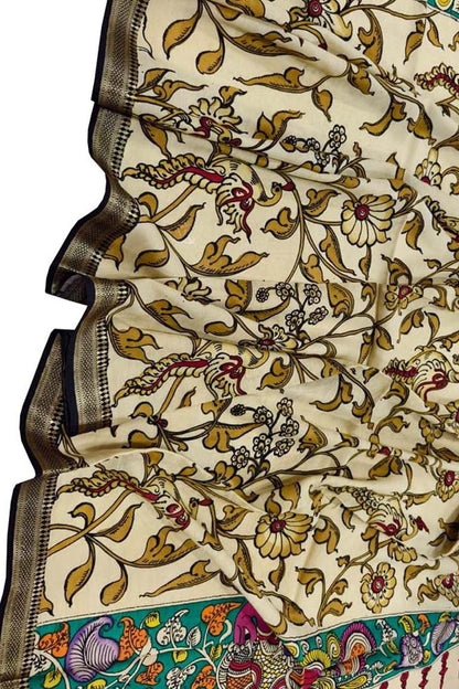 Pastel Hand Painted Kalamkari Pure Bangalore Silk Dupatta - Luxurion World