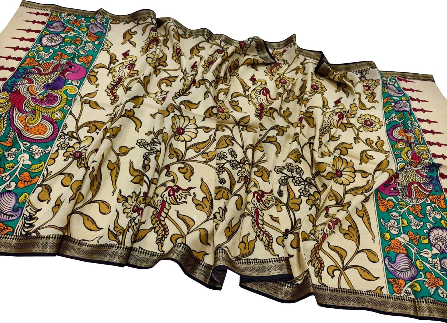 Pastel Hand Painted Kalamkari Pure Bangalore Silk Dupatta - Luxurion World