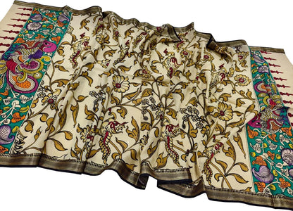 Pastel Hand Painted Kalamkari Pure Bangalore Silk Dupatta - Luxurion World