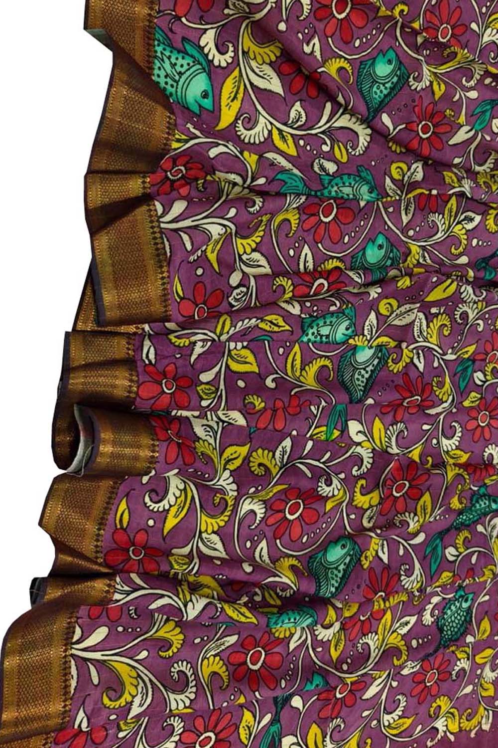 Purple Hand Painted Kalamkari Pure Bangalore Silk Dupatta - Luxurion World