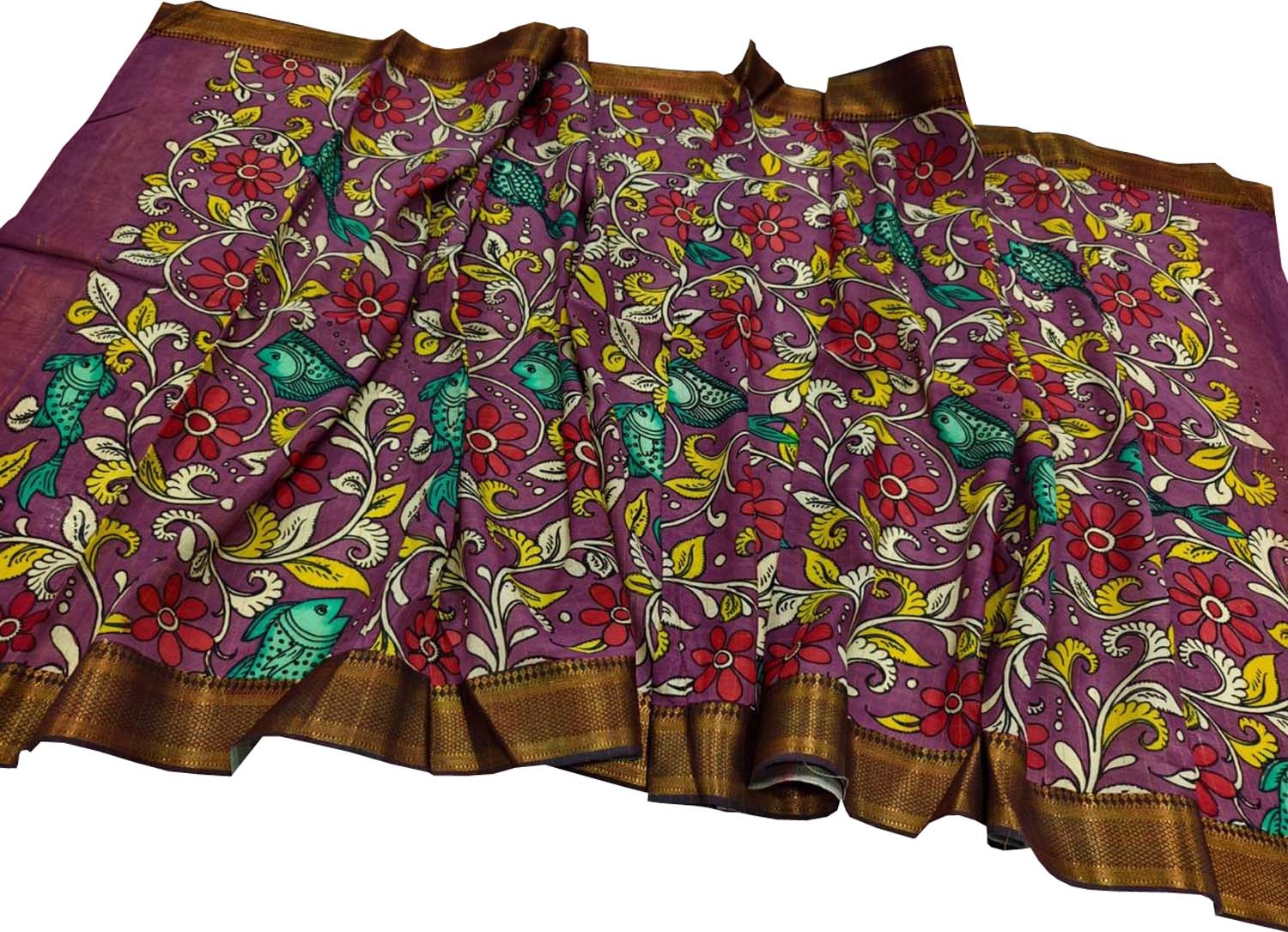 Purple Hand Painted Kalamkari Pure Bangalore Silk Dupatta - Luxurion World