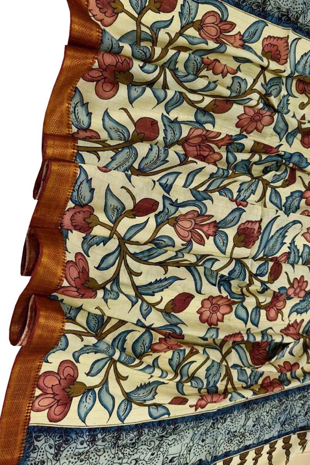 Pastel Hand Painted Kalamkari Pure Bangalore Silk Dupatta - Luxurion World