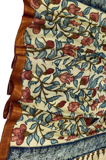 Pastel Hand Painted Kalamkari Pure Bangalore Silk Dupatta - Luxurion World