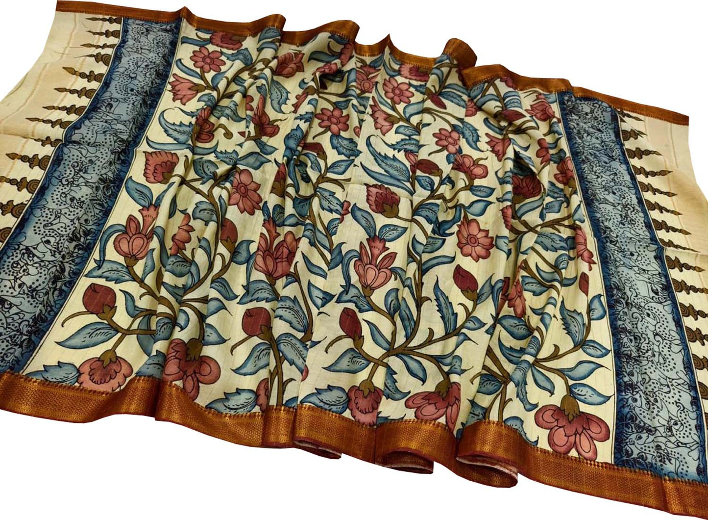 Pastel Hand Painted Kalamkari Pure Bangalore Silk Dupatta - Luxurion World
