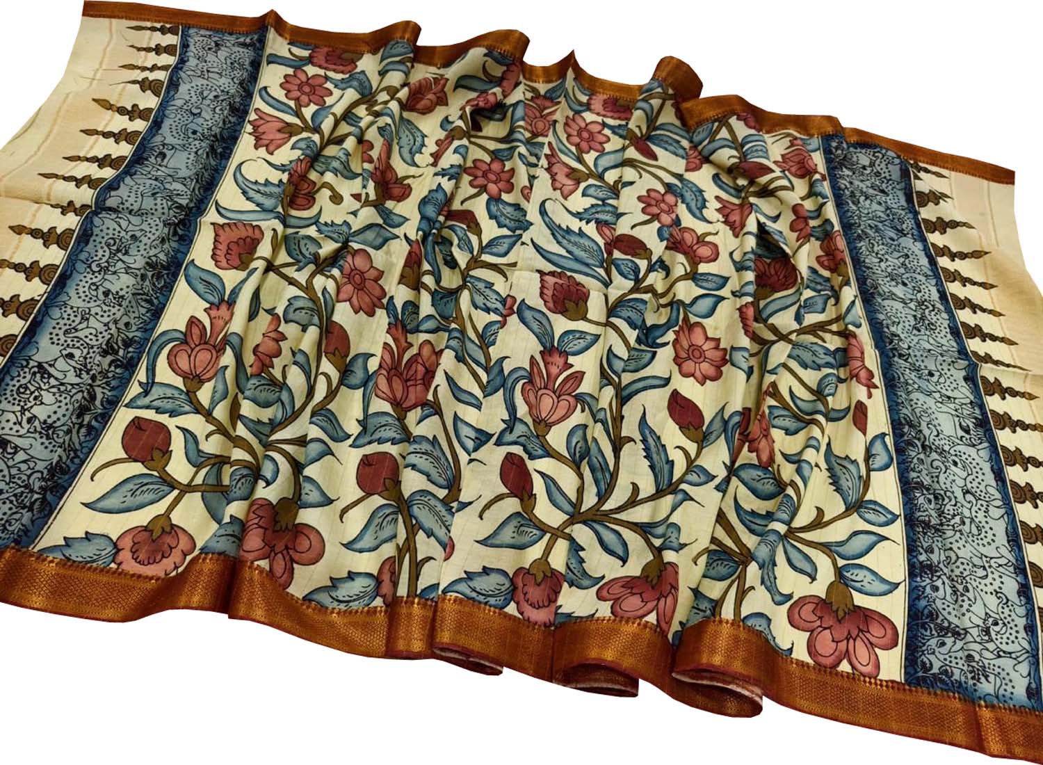 Pastel Hand Painted Kalamkari Pure Bangalore Silk Dupatta - Luxurion World