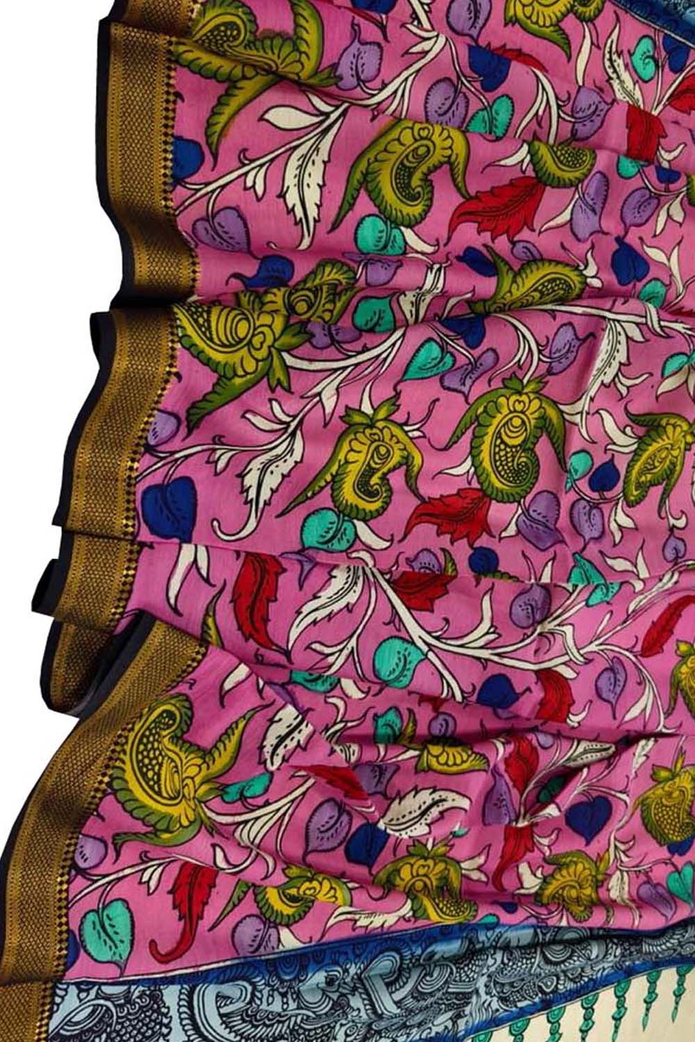 Pink Hand Painted Kalamkari Pure Bangalore Silk Dupatta - Luxurion World