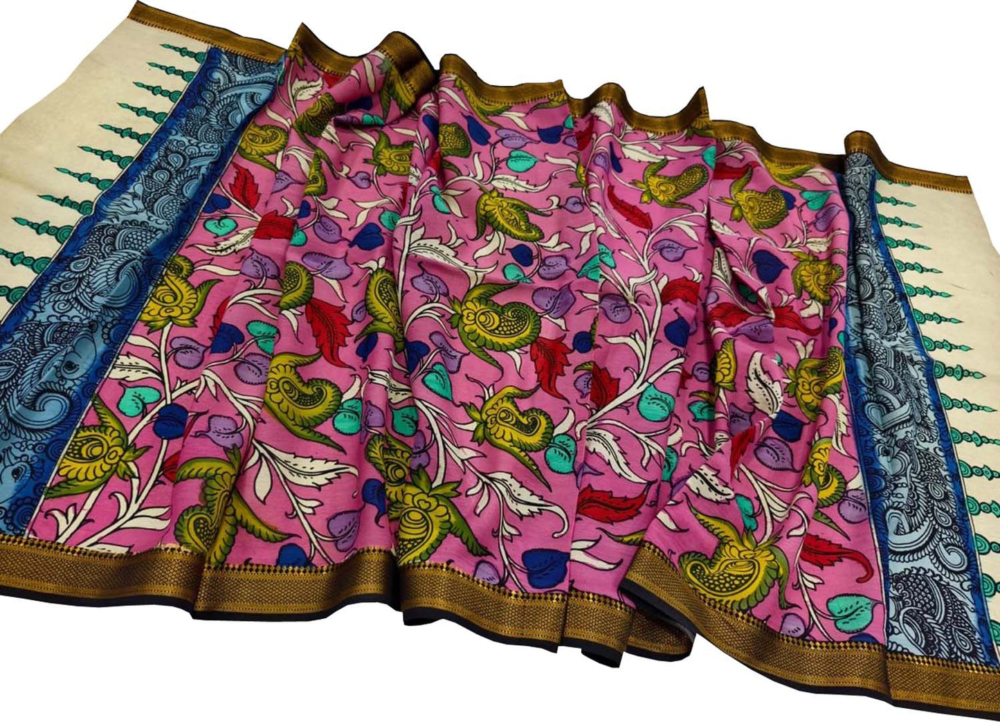 Pink Hand Painted Kalamkari Pure Bangalore Silk Dupatta - Luxurion World