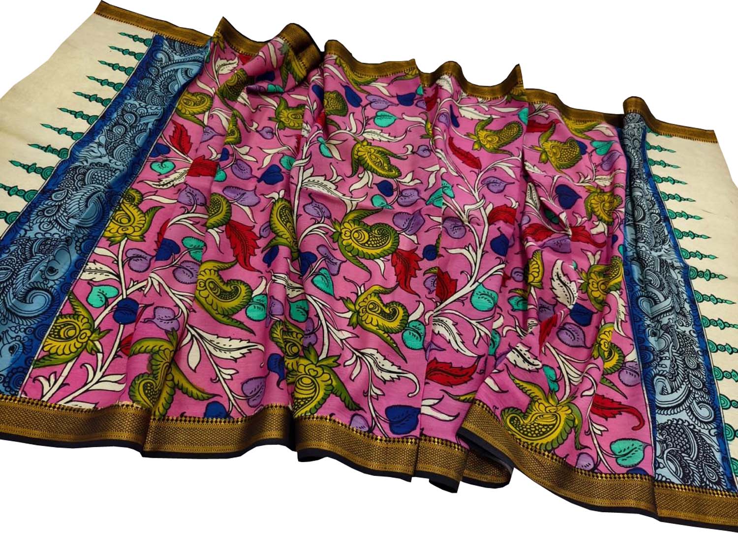 Pink Hand Painted Kalamkari Pure Bangalore Silk Dupatta - Luxurion World