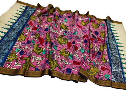 Pink Hand Painted Kalamkari Pure Bangalore Silk Dupatta - Luxurion World
