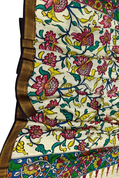Pastel Hand Painted Kalamkari Pure Bangalore Silk Dupatta - Luxurion World