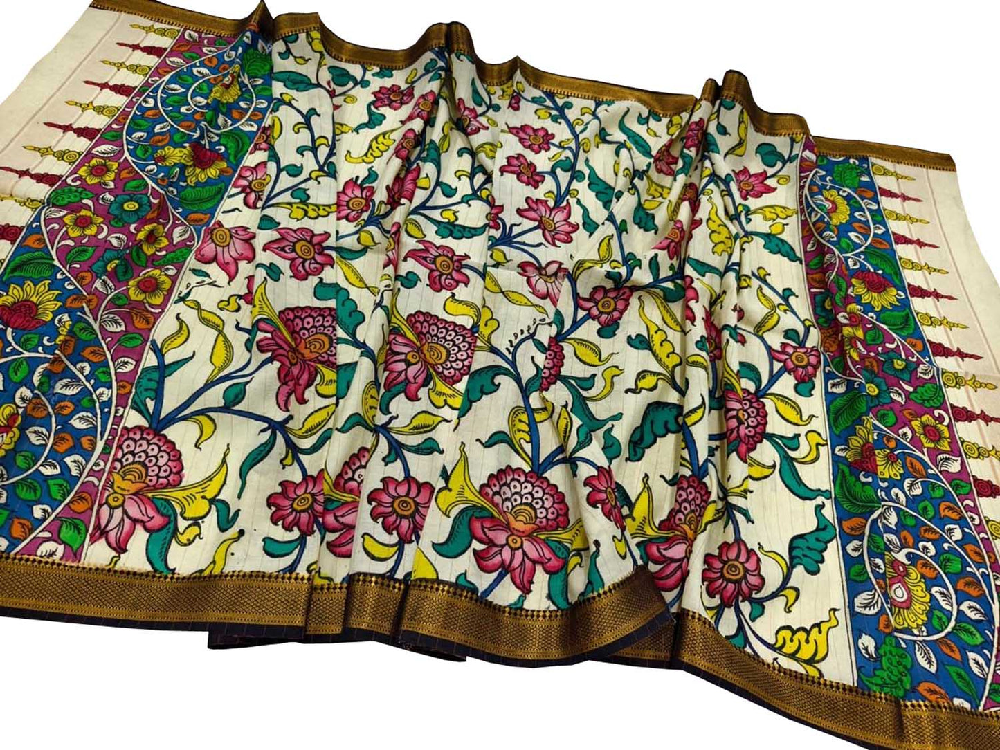 Pastel Hand Painted Kalamkari Pure Bangalore Silk Dupatta - Luxurion World