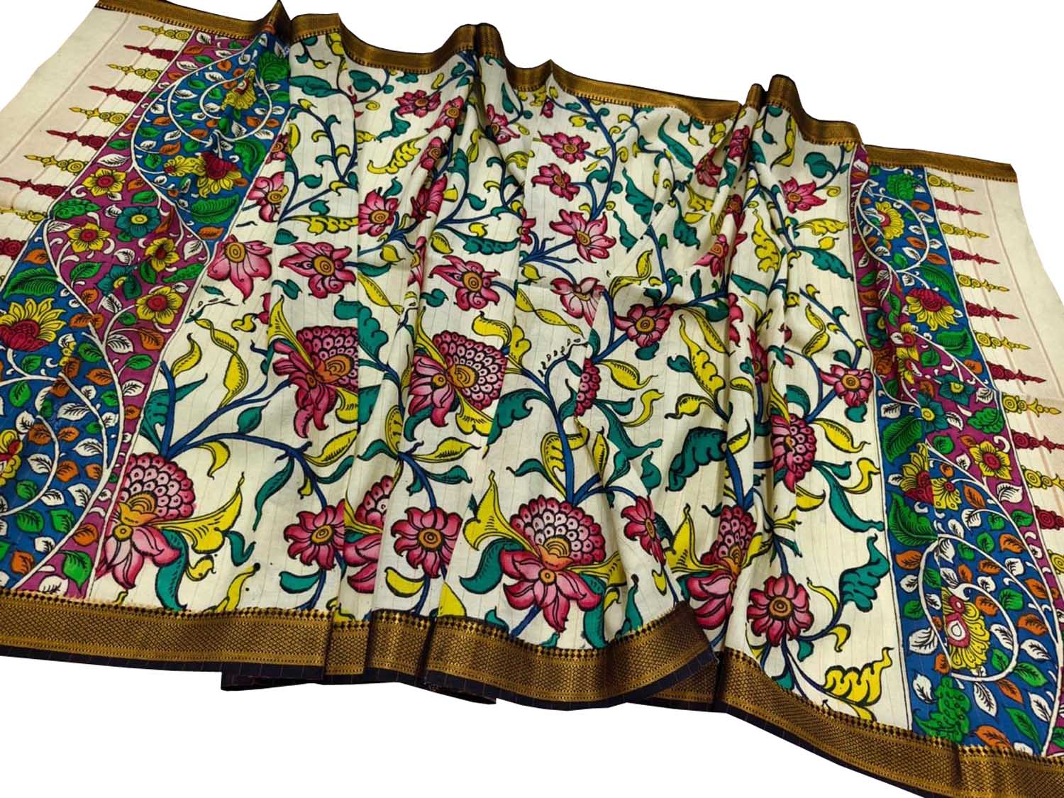 Pastel Hand Painted Kalamkari Pure Bangalore Silk Dupatta - Luxurion World