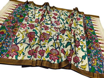 Pastel Hand Painted Kalamkari Pure Bangalore Silk Dupatta - Luxurion World