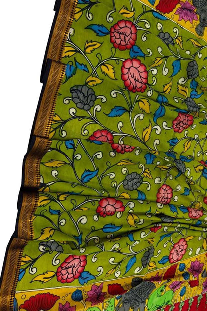 Green Hand Painted Kalamkari Pure Bangalore Silk Flower Design Dupatta - Luxurion World