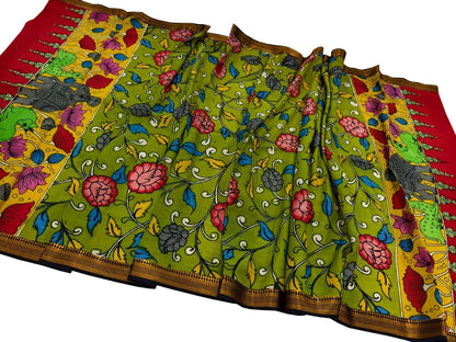 Green Hand Painted Kalamkari Pure Bangalore Silk Flower Design Dupatta - Luxurion World