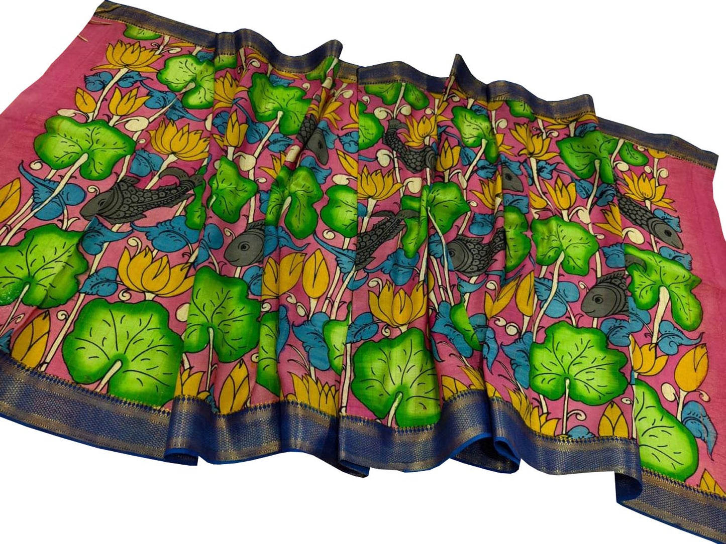 Multicolor Hand Painted Kalamkari Pure Bangalore Silk Dupatta - Luxurion World