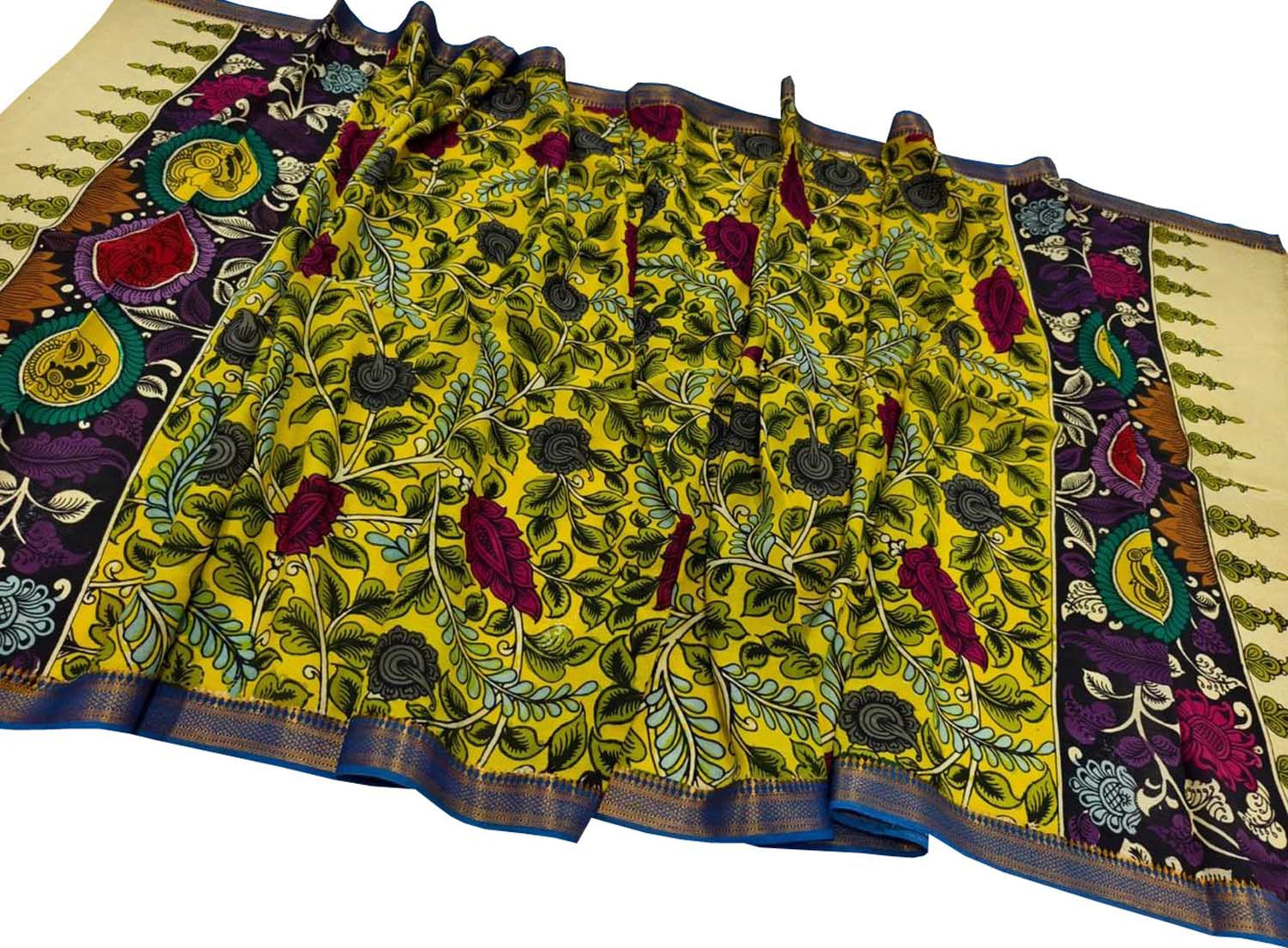 Yellow Hand Painted Kalamkari Pure Bangalore Silk Dupatta - Luxurion World