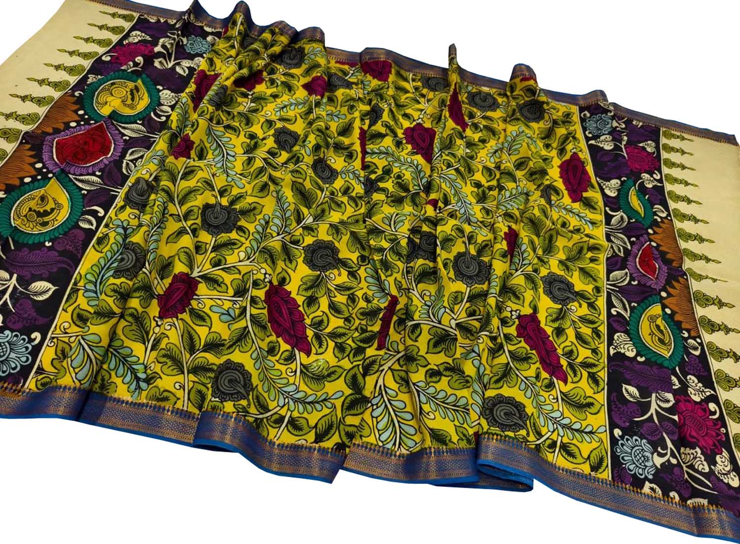 Yellow Hand Painted Kalamkari Pure Bangalore Silk Dupatta - Luxurion World