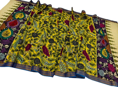Yellow Hand Painted Kalamkari Pure Bangalore Silk Dupatta - Luxurion World