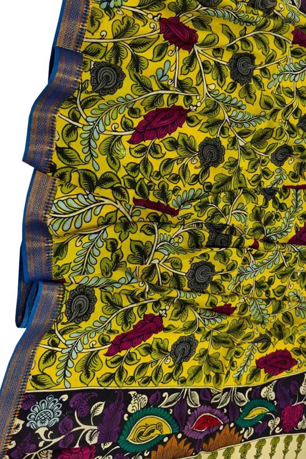 Yellow Hand Painted Kalamkari Pure Bangalore Silk Dupatta - Luxurion World