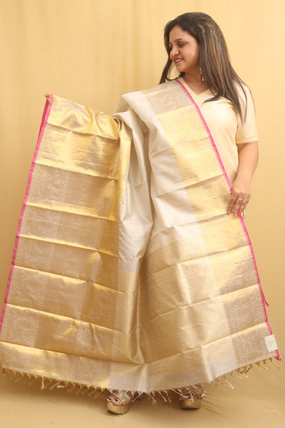 White Kanjeevaram Handloom Pure Silver Tissue Silk Dupatta - Luxurion World