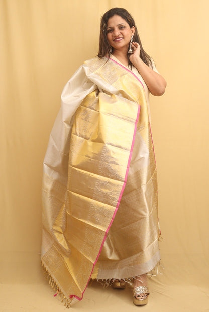 White Kanjeevaram Handloom Pure Silver Tissue Silk Dupatta - Luxurion World