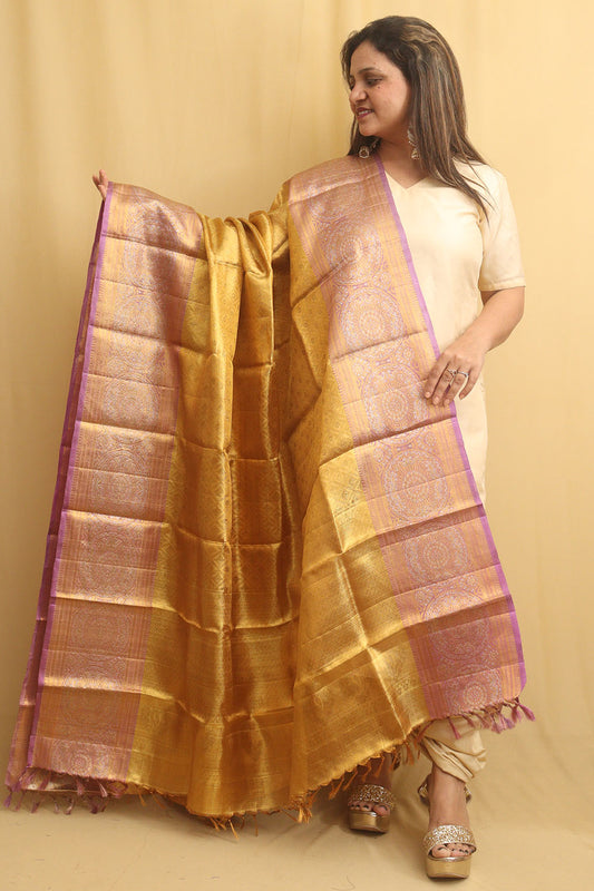Golden Kanjeevaram Handloom Pure Tissue Silk Dupatta - Luxurion World
