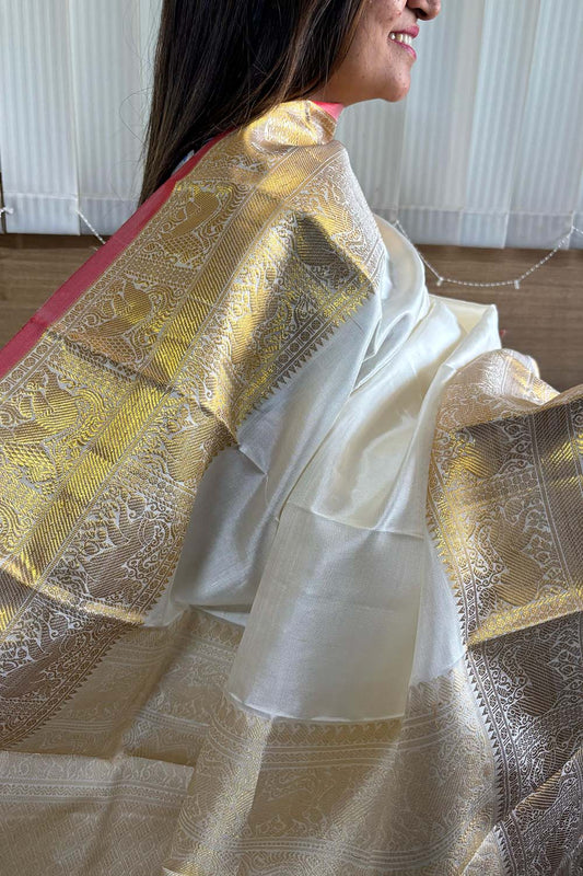 Off White Kanjeevaram Handloom Pure Silk Dupatta - Luxury - Luxurion World