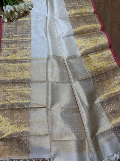 Off White Kanjeevaram Handloom Pure Silk Dupatta - Luxury - Luxurion World