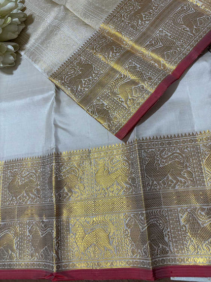 Off White Kanjeevaram Handloom Pure Silk Dupatta - Luxury - Luxurion World