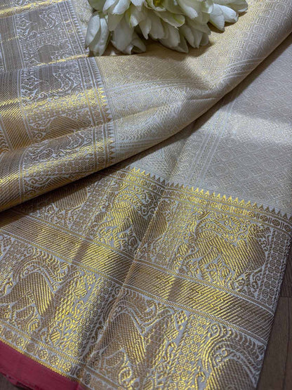 Off White Kanjeevaram Handloom Pure Silk Dupatta - Luxury - Luxurion World