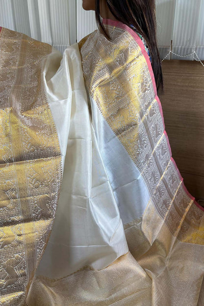 Off White Kanjeevaram Handloom Pure Silk Dupatta - Luxury - Luxurion World