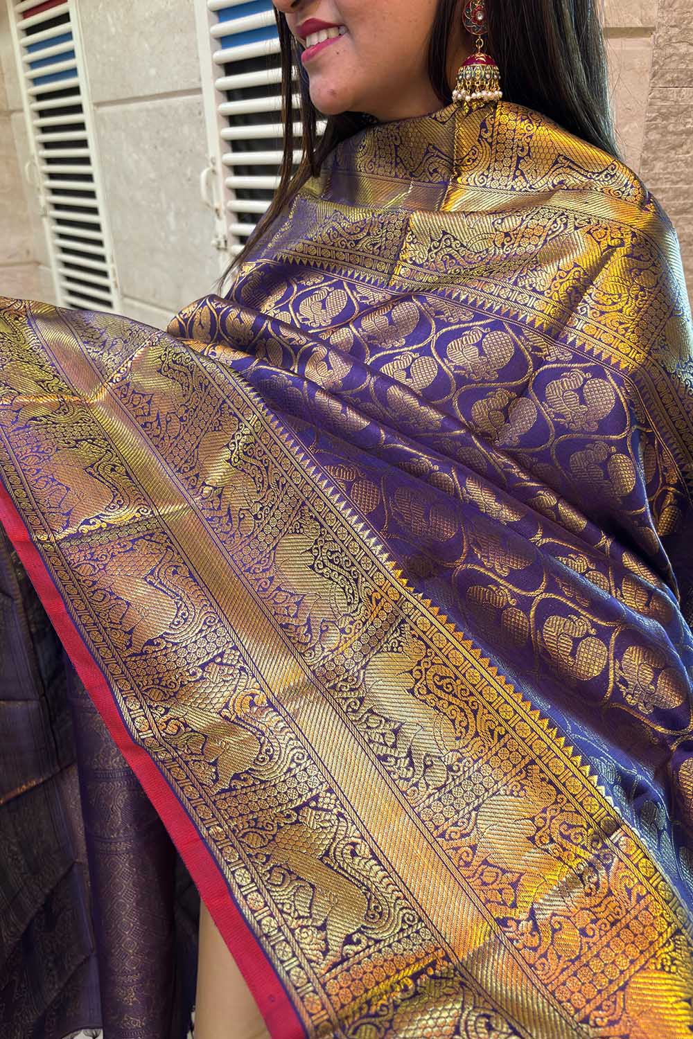 Blue Handloom Kanjeevaram Pure Silk Peacock Design Dupatta - Luxurion World