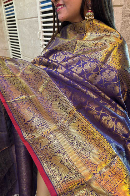 Blue Handloom Kanjeevaram Pure Silk Peacock Design Dupatta - Luxurion World