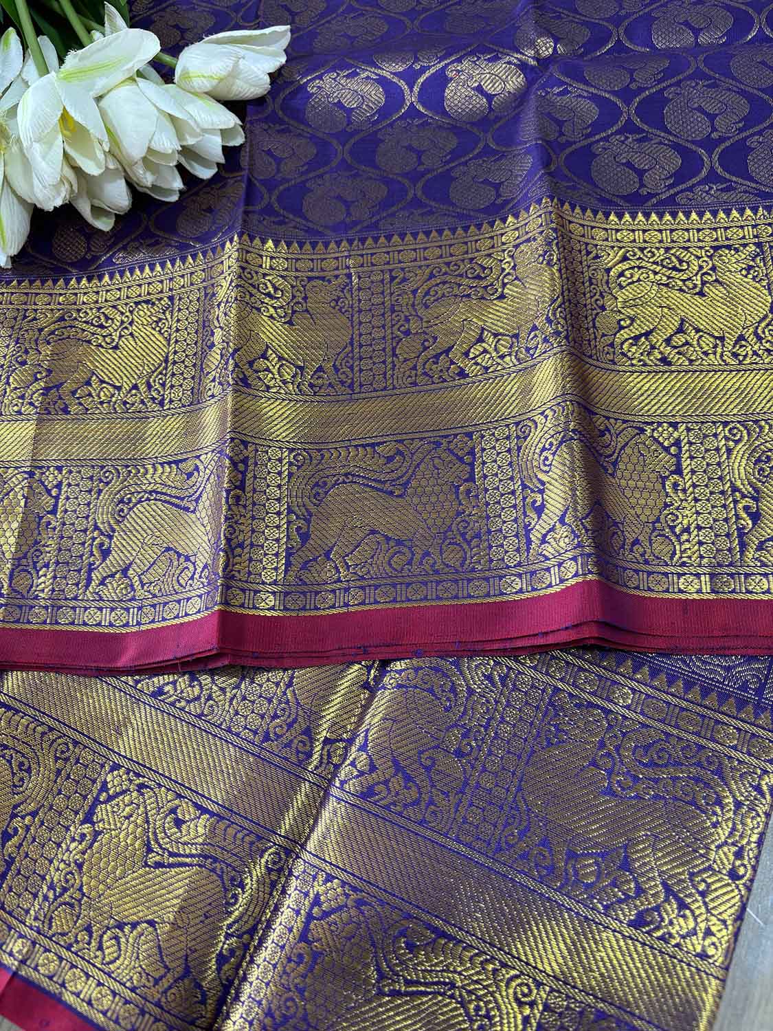 Blue Handloom Kanjeevaram Pure Silk Peacock Design Dupatta - Luxurion World