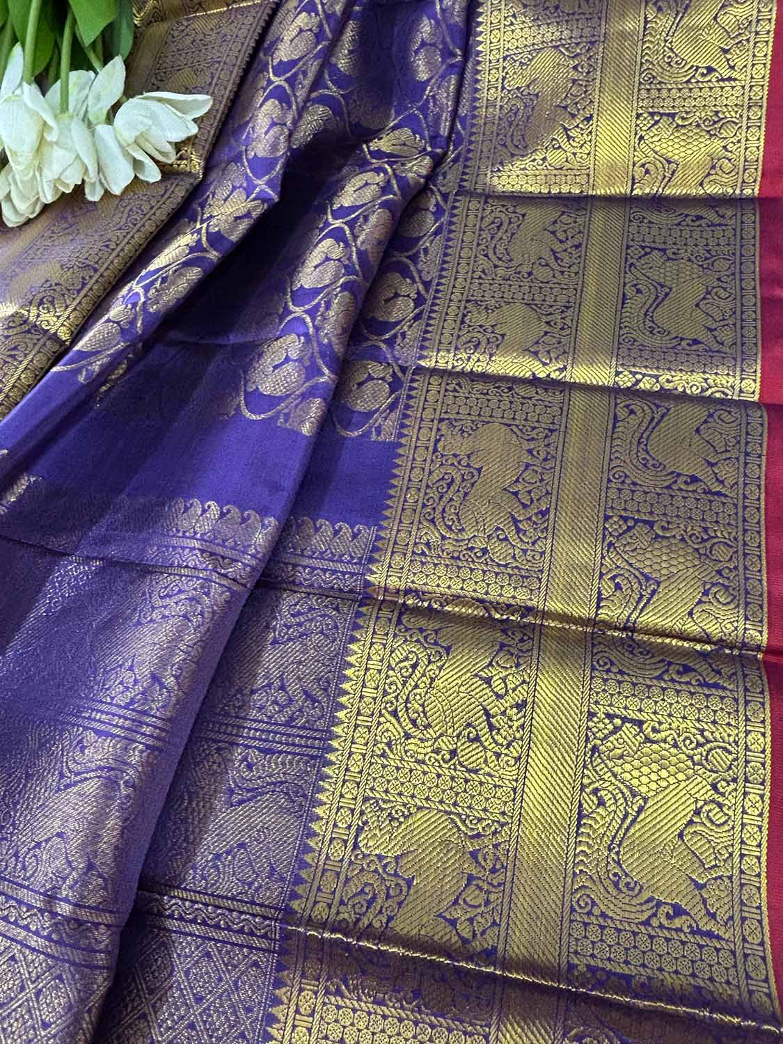 Blue Handloom Kanjeevaram Pure Silk Peacock Design Dupatta - Luxurion World