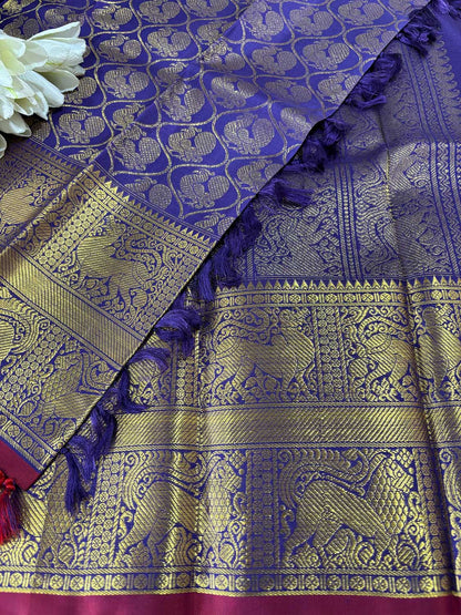 Blue Handloom Kanjeevaram Pure Silk Peacock Design Dupatta - Luxurion World