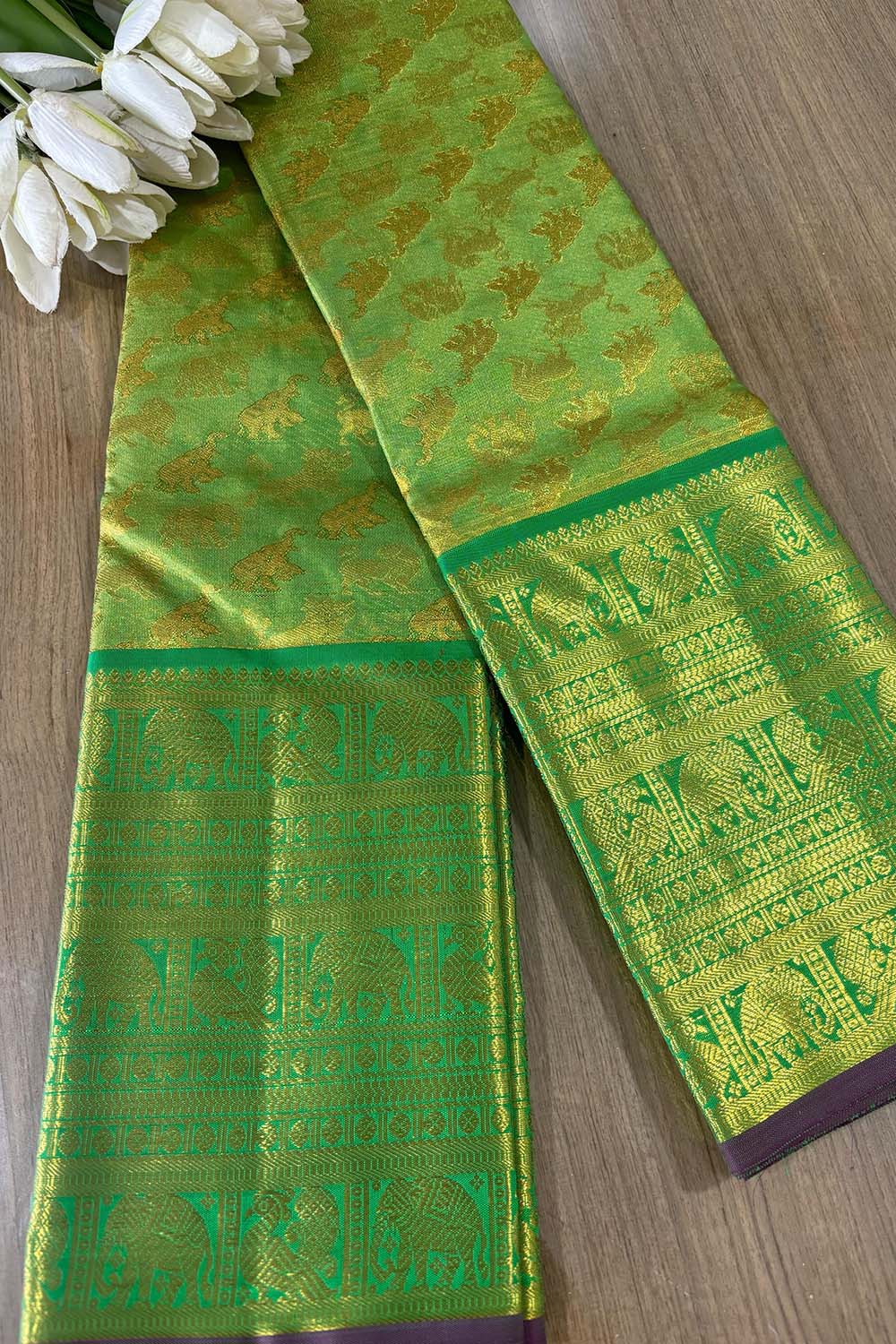 Green Kanjeevaram Handloom Pure Silk Dupatta - Luxurion World