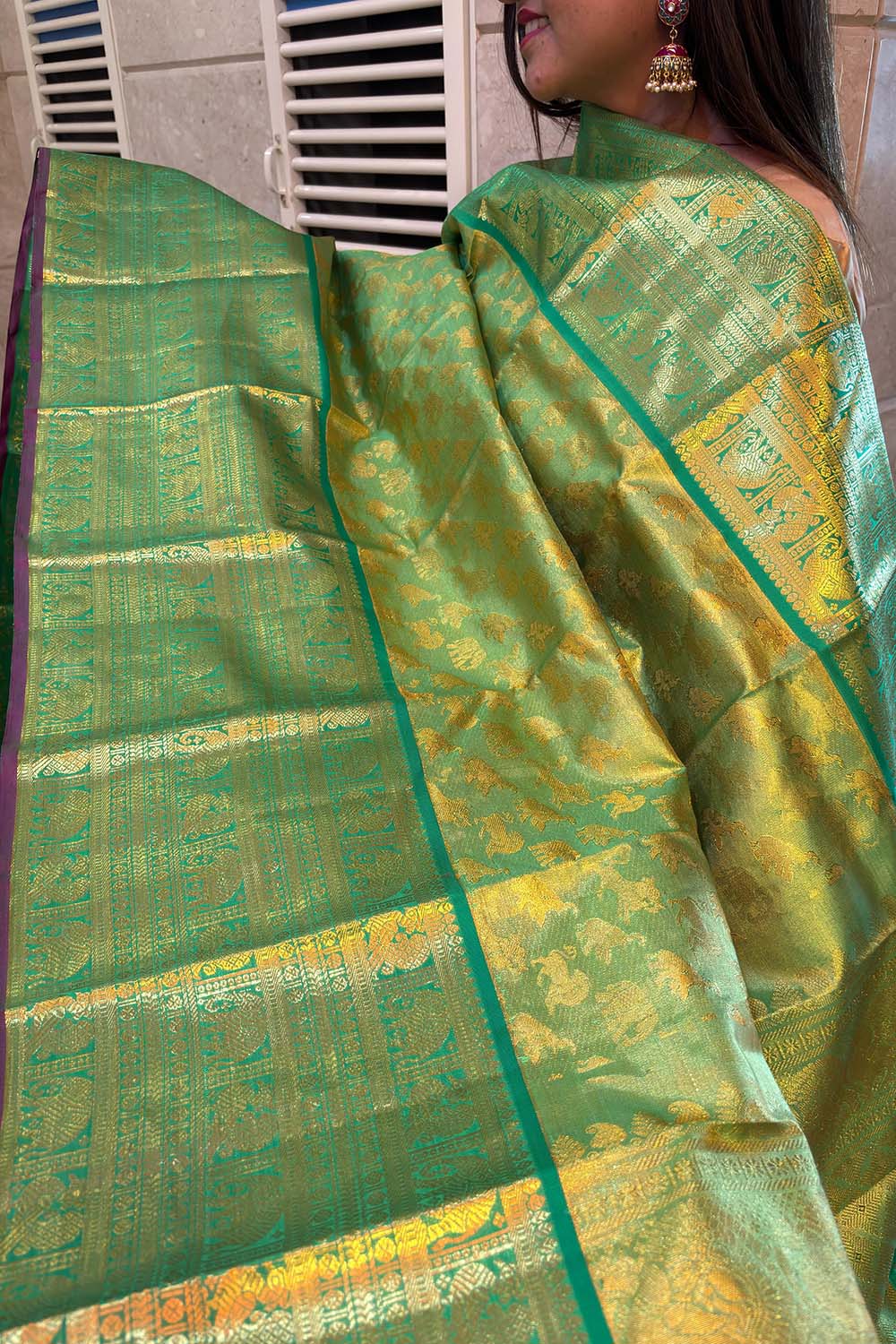 Green Kanjeevaram Handloom Pure Silk Dupatta - Luxurion World