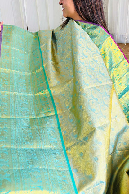Blue & Green Kanjeevaram Handloom Pure Silk Dupatta - Luxurion World