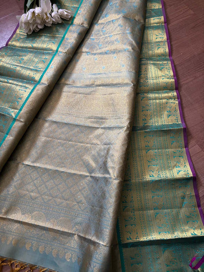 Blue & Green Kanjeevaram Handloom Pure Silk Dupatta - Luxurion World