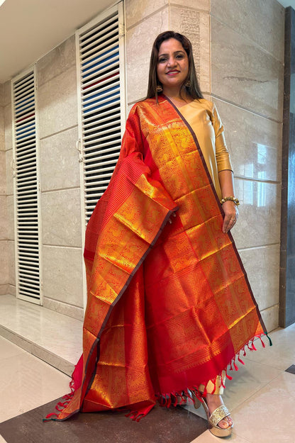 Stunning Red Handloom Kanjeevaram Pure Silk Checks Design Dupatta - Luxurion World
