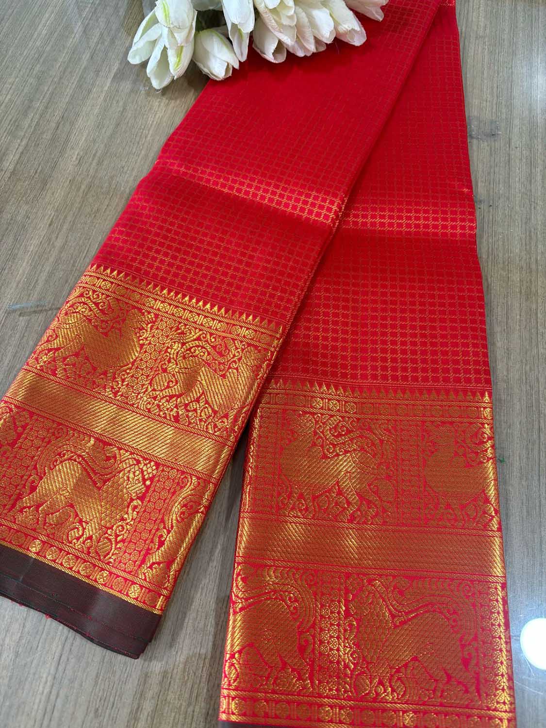 Stunning Red Handloom Kanjeevaram Pure Silk Checks Design Dupatta - Luxurion World
