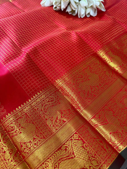 Stunning Red Handloom Kanjeevaram Pure Silk Checks Design Dupatta - Luxurion World